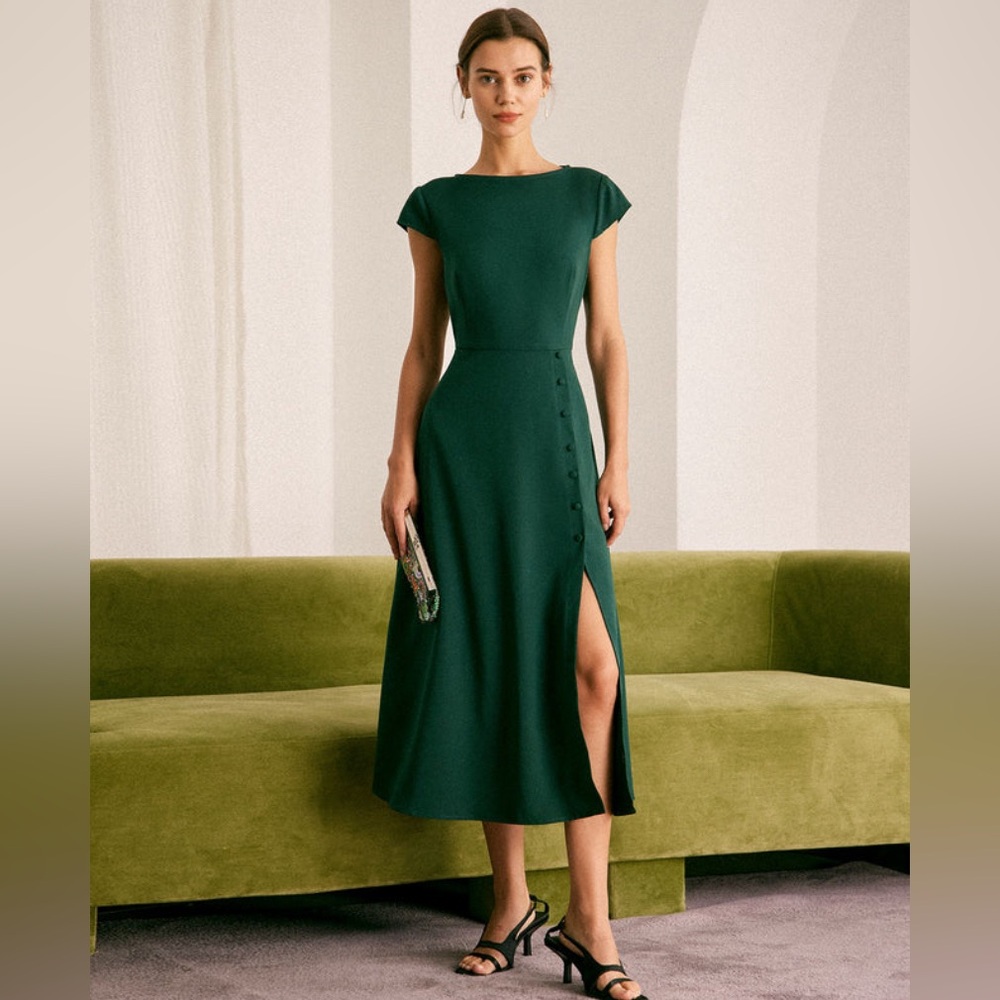 NWT RIHOAS The Green Boat Neck Cutout Back Midi Dress Sz L - Picture 3 of 7